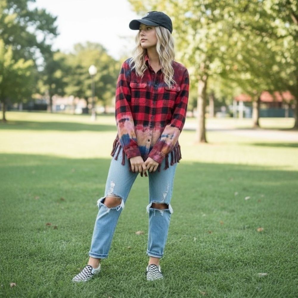 Upcycled Goodfellow & Co Flannel Shirt Bleached, Hand Dyed, Fringe | Size Medium